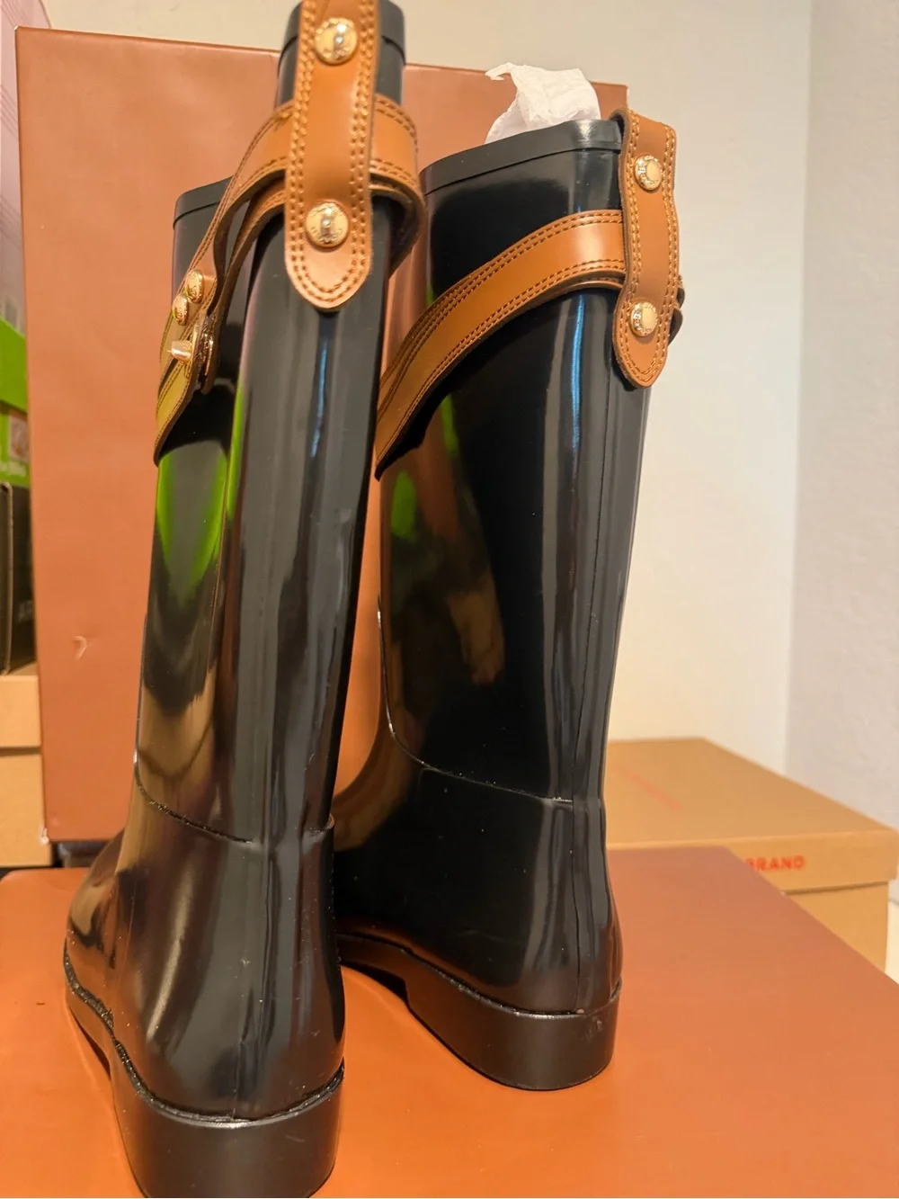 Coach Black Rain Boots with Tan Strap and Gold Accent